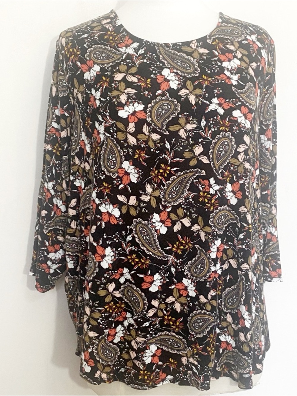 Philosophy Women's Black Floral Paisley Long Sleeve Hi-Lo Rayon Knit Top 3X